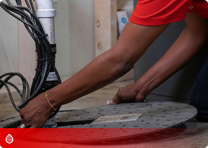 Technician lifting the lid off a basement sump pump basin to reach the drain lines