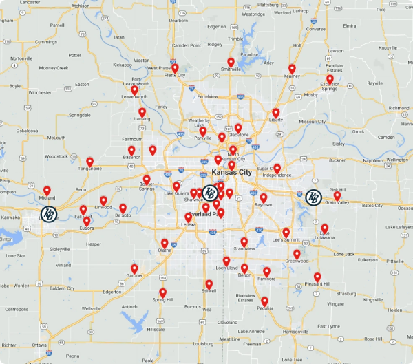 Map of the Kansas City metro area with pins marking the cities KB Complete serves in Kansas and Missouri