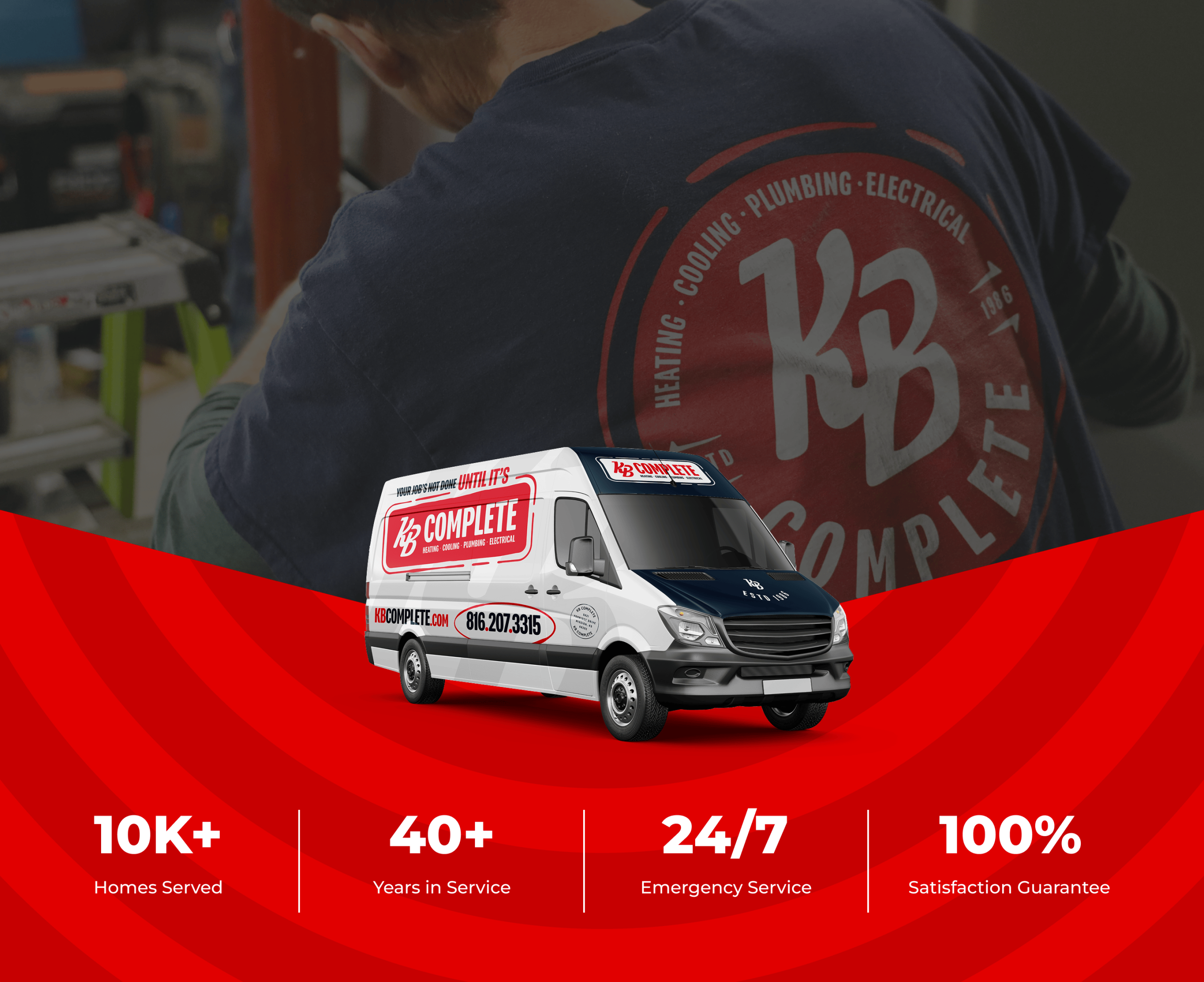 KB Complete technician in a jacket bearing the heating, cooling, plumbing and electrical logo, with a KB Complete service van and the stats 10K+ homes served, 40+ years in service, 24/7 emergency service and 100% satisfaction guarantee